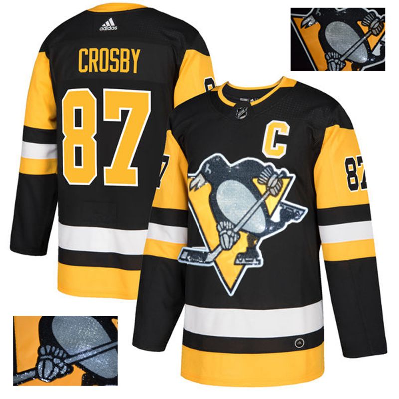 Men Pittsburgh Penguins 87 Crosby Black Gold embroidery Adidas NHL Jerseys